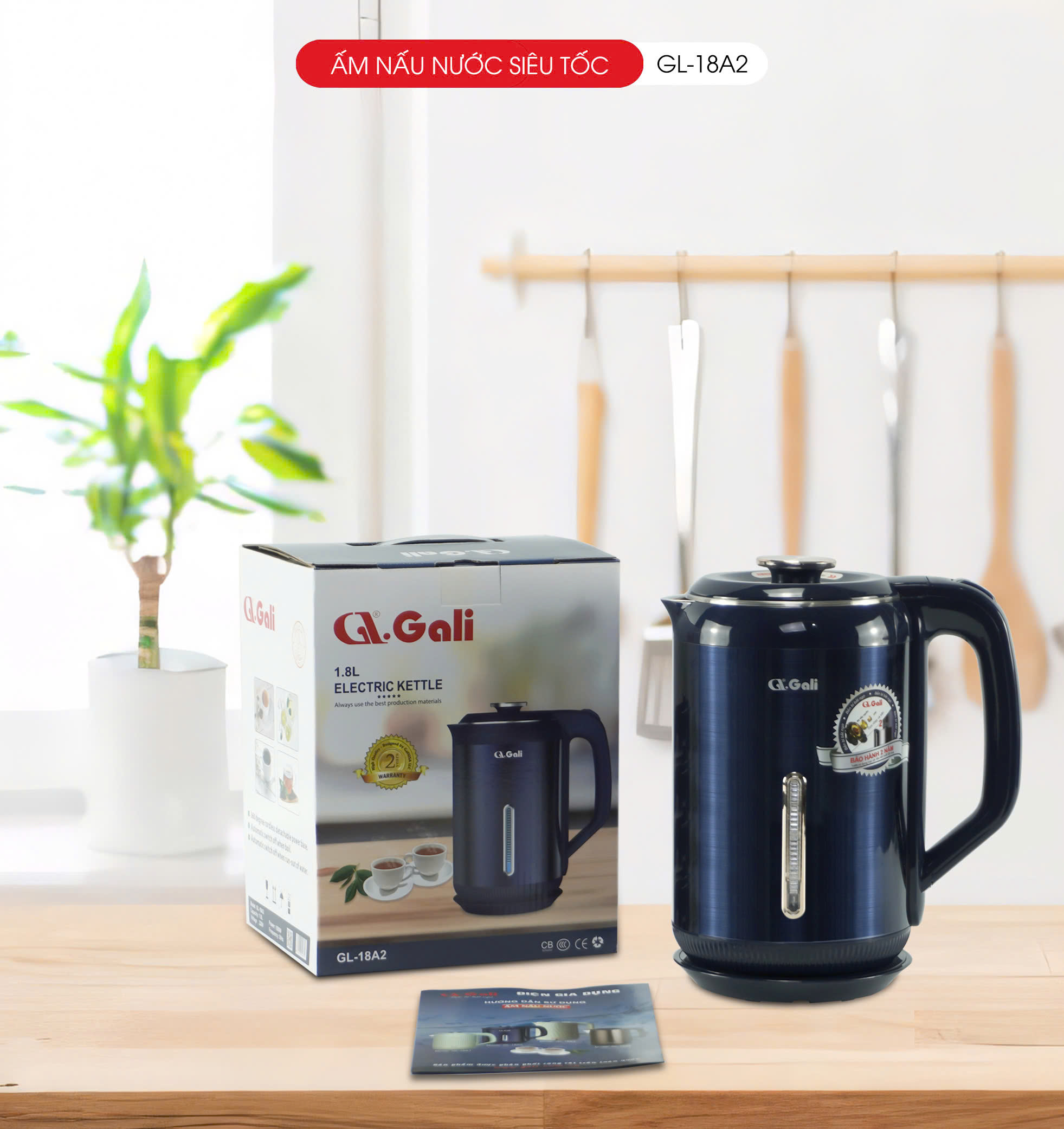 Ấm siêu tôc Gali GL-18A2 1.8 Lít. Inox 304 đúc nguyên khối. Có thang báo mực nước dày 2 lớp cách nhiệt chống nóng. Hàng chính hãng bảo hành 24 tháng