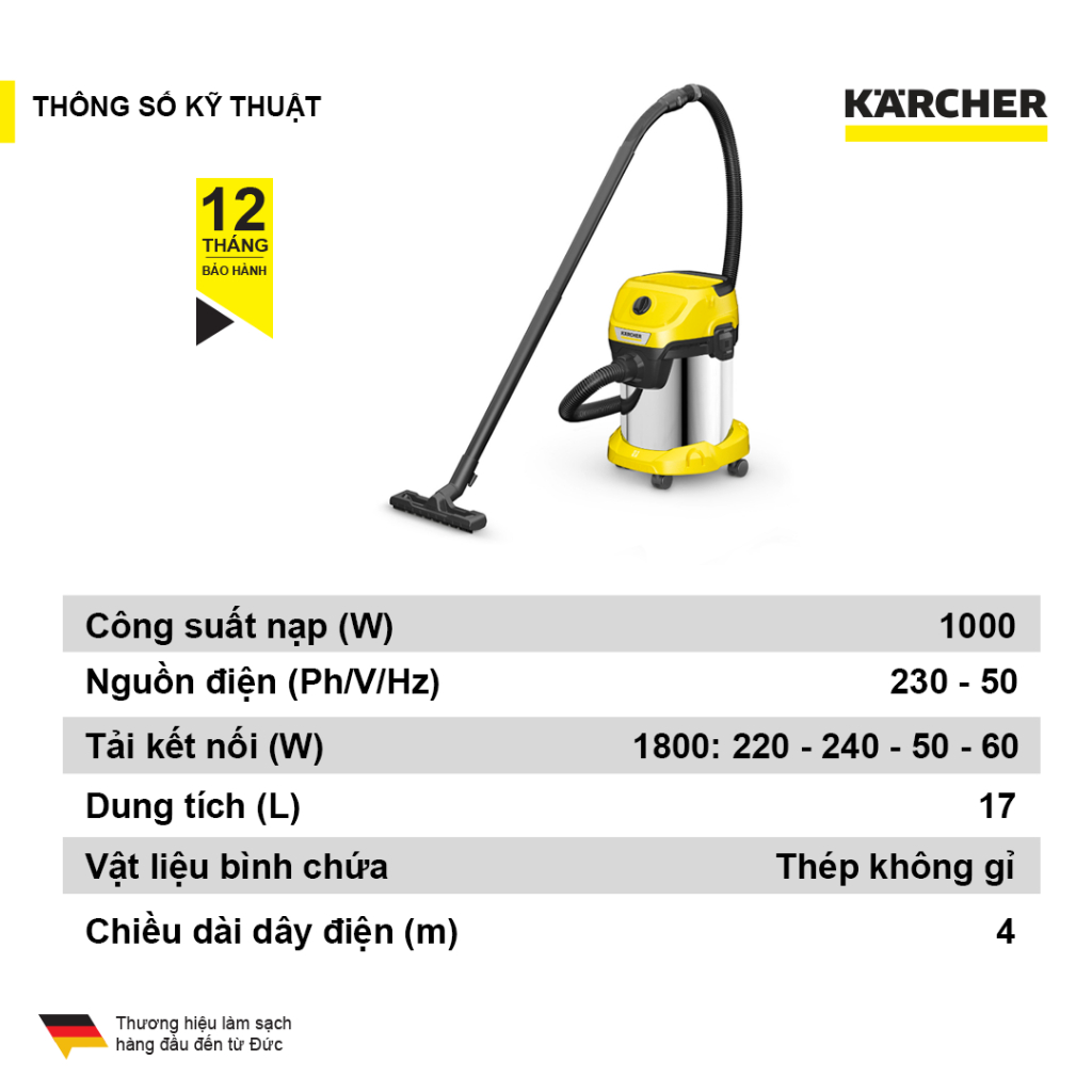 Máy hút bụi đa năng khô và ướt WD 3 S Premium dành cho Karcher - Công suất 1000W - Hàng Chính Hãng