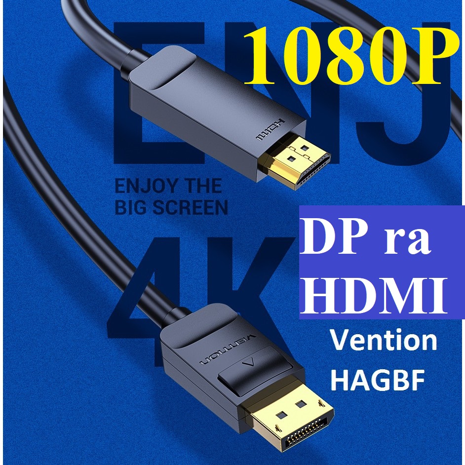 [ DP ra HDMI ] Cáp chuyển DP male ra HDMI male hỗ trợ 4K Vention HAGBF - Hàng chính hãng