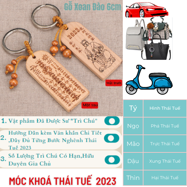 Móc khóa Thái Tuế Loại 1 Gỗ Xoan Đào 2023 Quý Mão(Đã Trì Chú)