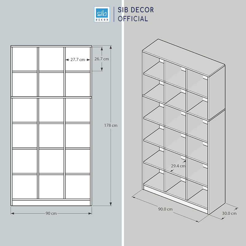 Tủ Sách Gỗ 18 Ô Có Hậu Dài 90cm Màu Oak, Walnut Thương Hiệu SIB Decor KSG103