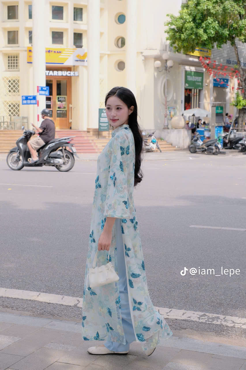 BỘ ÁO DÀI NỮ CÁCH TÂN KIM SA HỒ ĐIỆP – BƯỚM HỒNG &amp; BƯỚM XANH