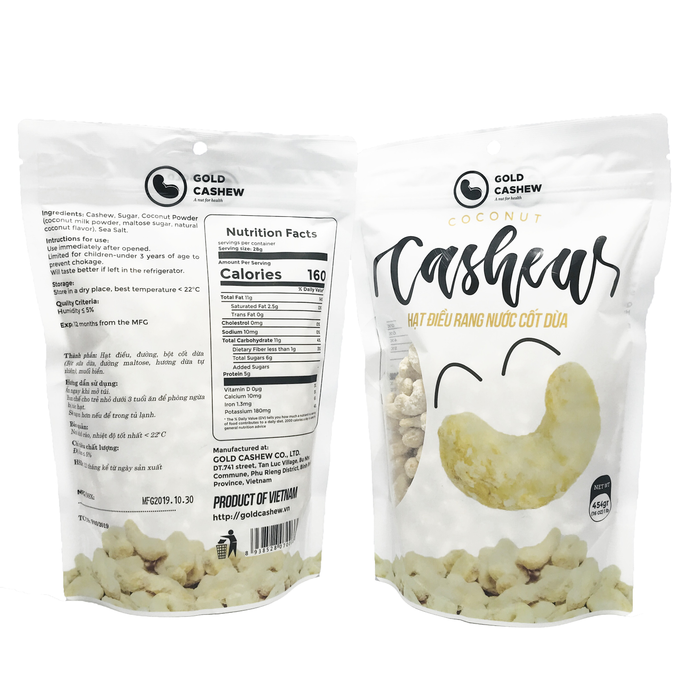 Hạt Điều Rang Nước Cốt Dừa Cao Cấp Gold Cashew (Gói 454g) - Premium Roasted Coconut Cashew, Chuẩn hạt điều size WW240, Công nghệ rang không dầu, Không chất bảo quản, Không Cholesterol