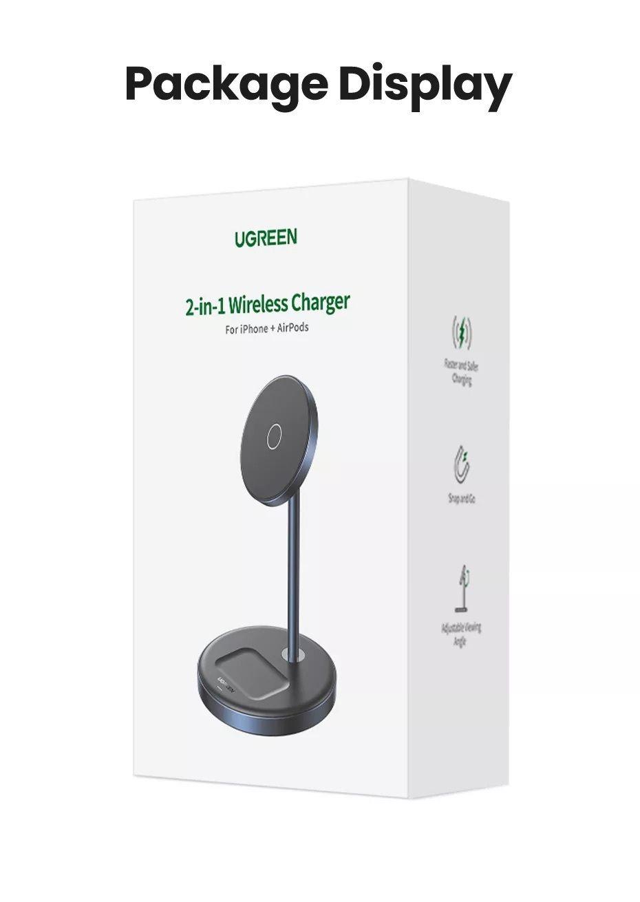 Ugreen UG90668CD317TK 20W MagSafe cho Iphone + air pod Bộ sạc hit từ tính không dây 2 trong 1 Màu Đen - HÀNG CHÍNH HÃNG