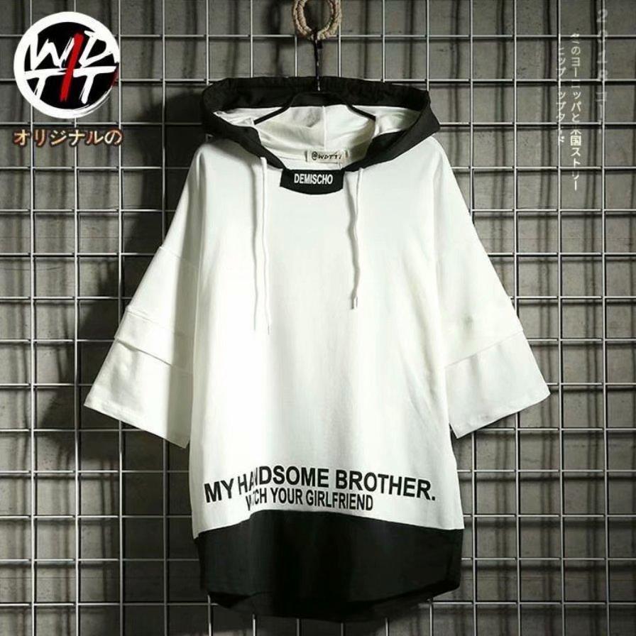 Áo Hoodie Ngắn Tay Form Rộng In Họa Tiết Phong Cách Trung Hoa Dành Cho Nam 2 Màu