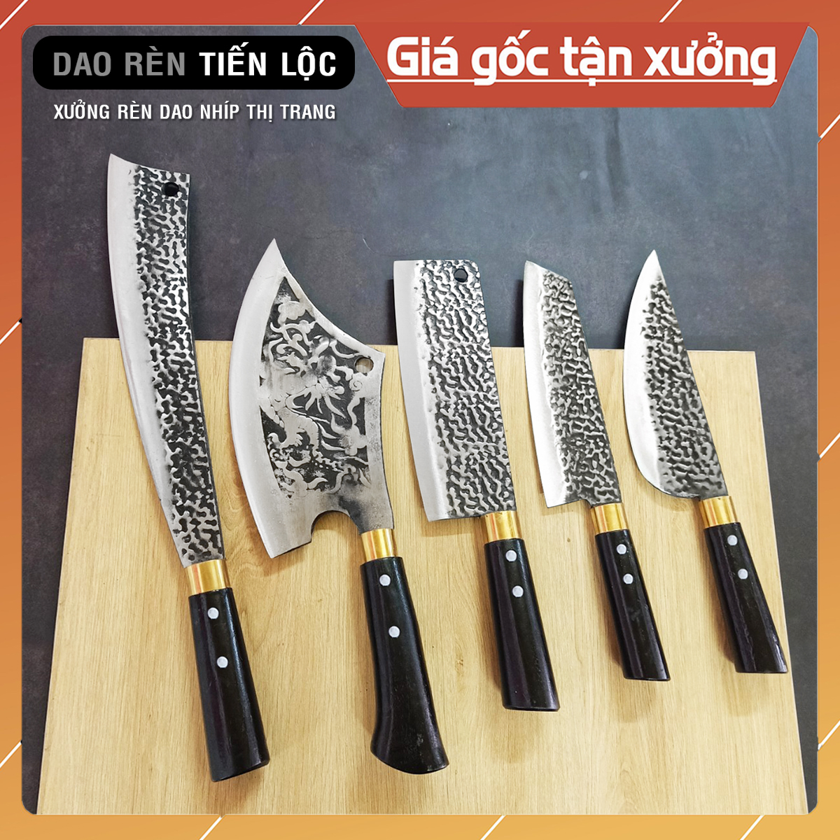 Bộ Dao Nhà Bếp Đa Năng 5 Món - Thép Nhíp Dập Vân 2 Mặt, Dùng Chặt Cây, Chặt Xương, Thái Lọc Thịt