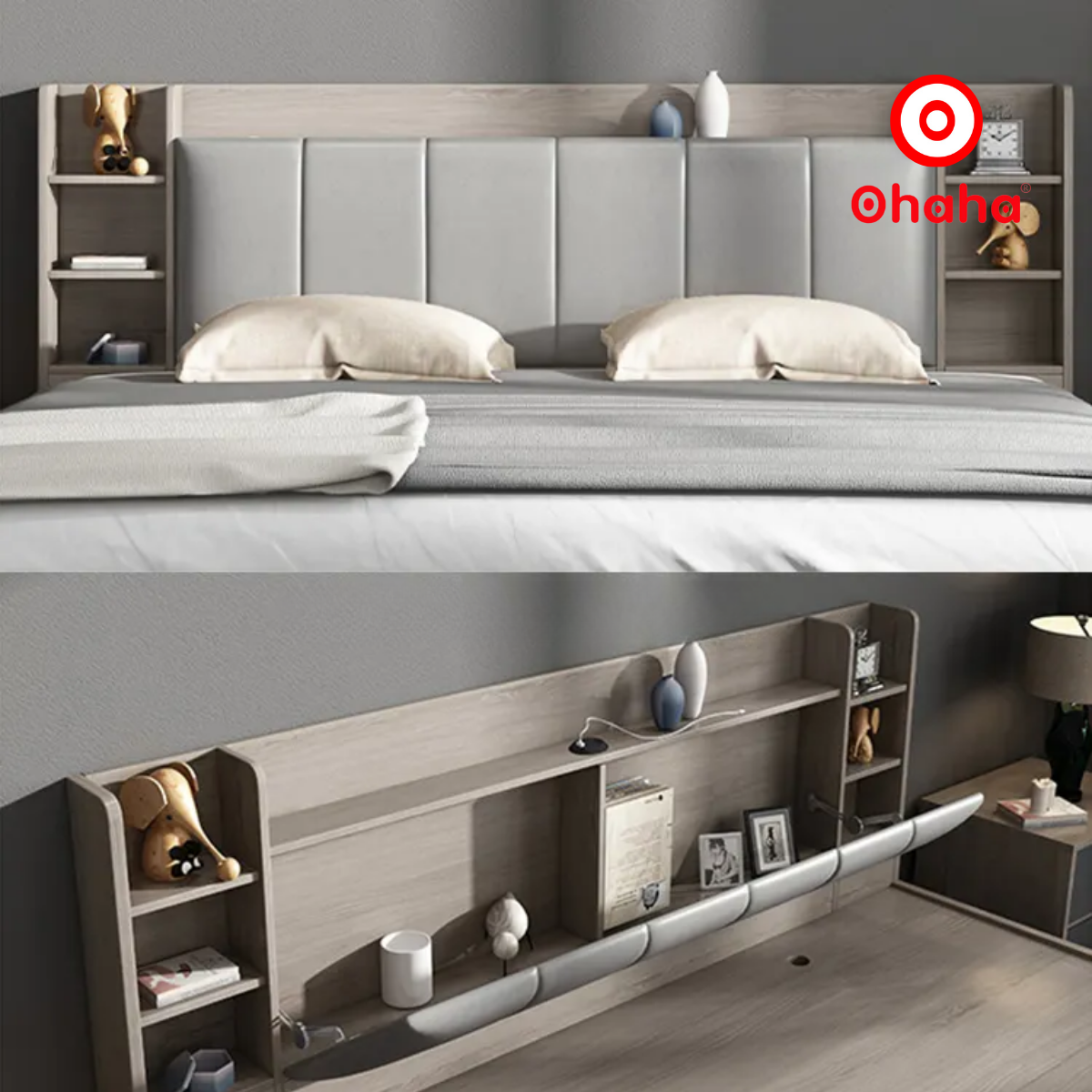Hình ảnh [Miễn phí vận chuyển & lắp đặt] Giường ngủ thông minh cao cấp bọc nệm đầu giường có hộc nâng gỗ công nghiệp Ohaha - GN014
