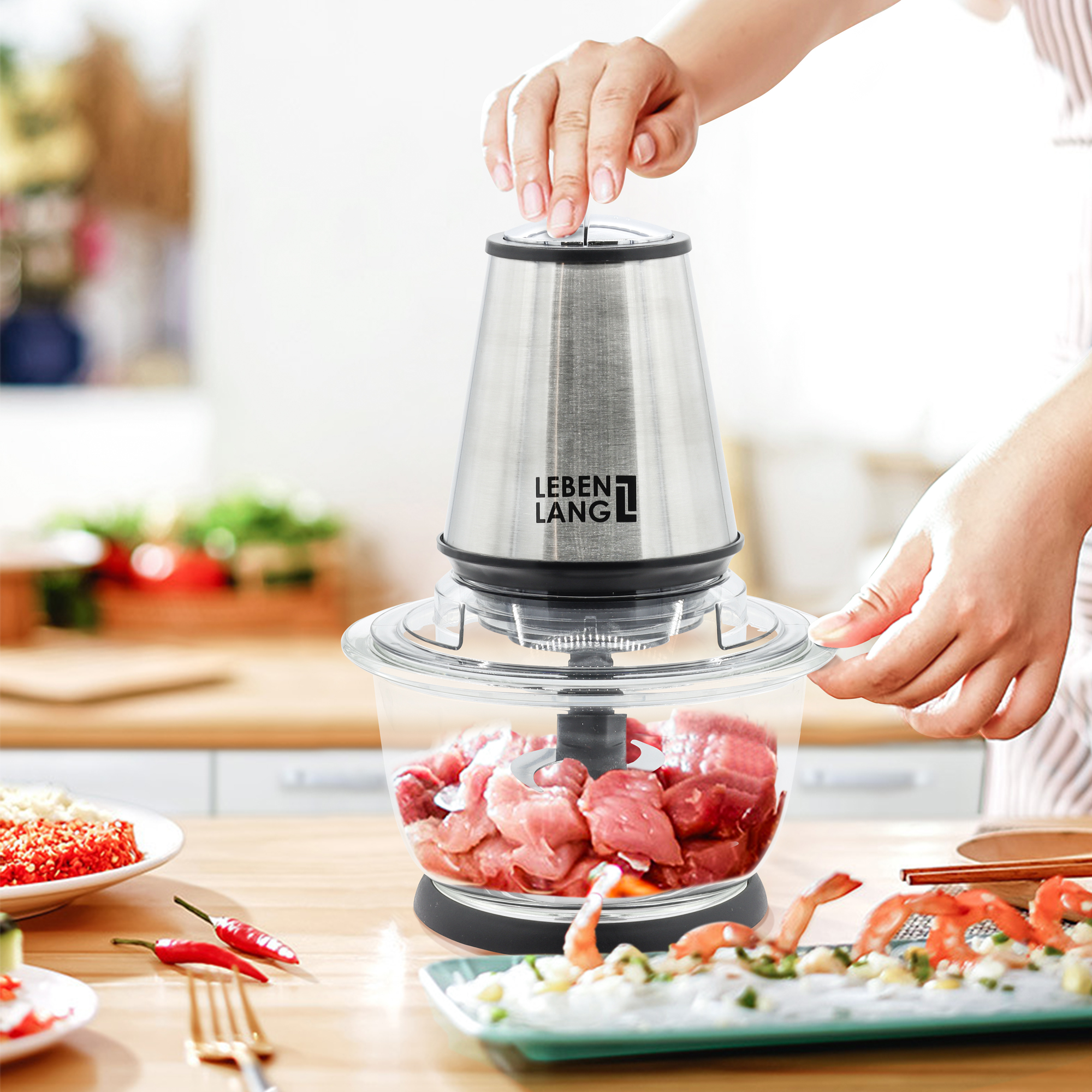 Máy xay thịt đa năng LEBENLANG cối thủy tinh, công suất 400W, dung tích 1200ml, model LBUF1920 - hàng chính hãng