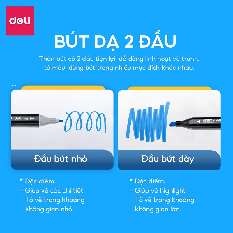 Bút màu marker 2 đầu túi vải chuyên dùng cho thiết kế - họa cụ vẽ tranh cao cấp Deli C182