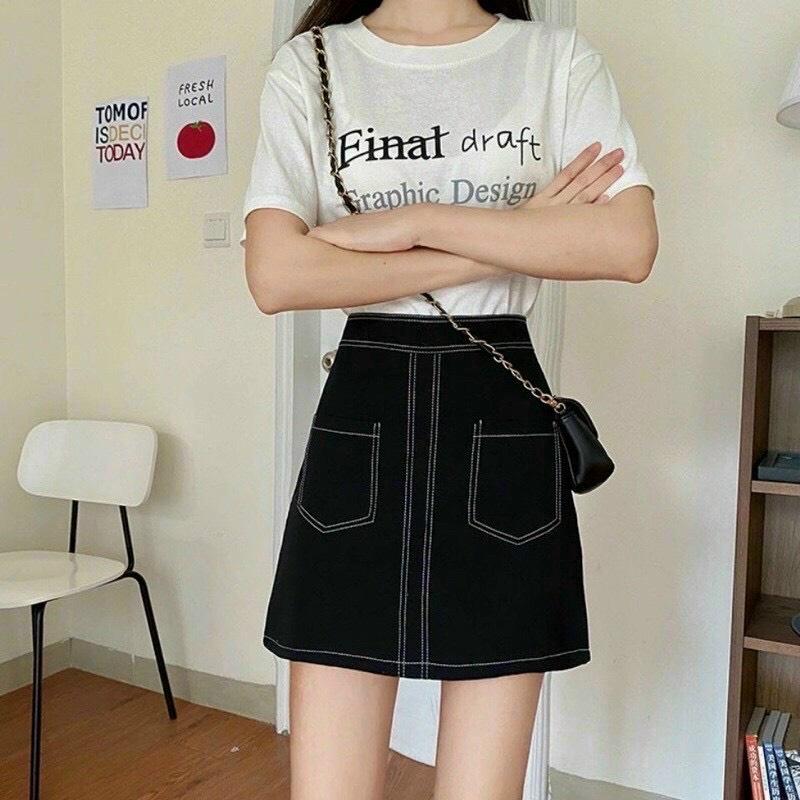 Chân váy chữ A chữ nổi viền trơn lưng cao có quần lót trong (có ảnh chụp tại Shop