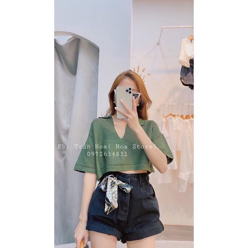 Áo len croptop cộc tay cổ bẻ dáng thụng