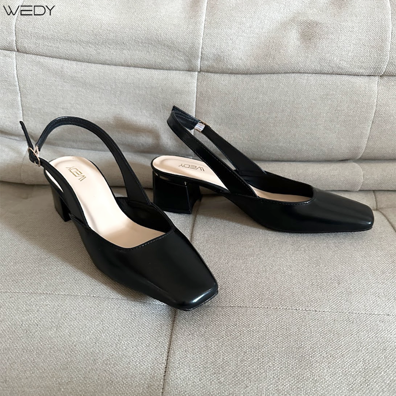 [HÌNH THẬT]Giày Cao Gót Slingback WEDY Mũi Vuông 5 Phân, Giày công sở Nữ Cao Gót Màu Đen WD2311