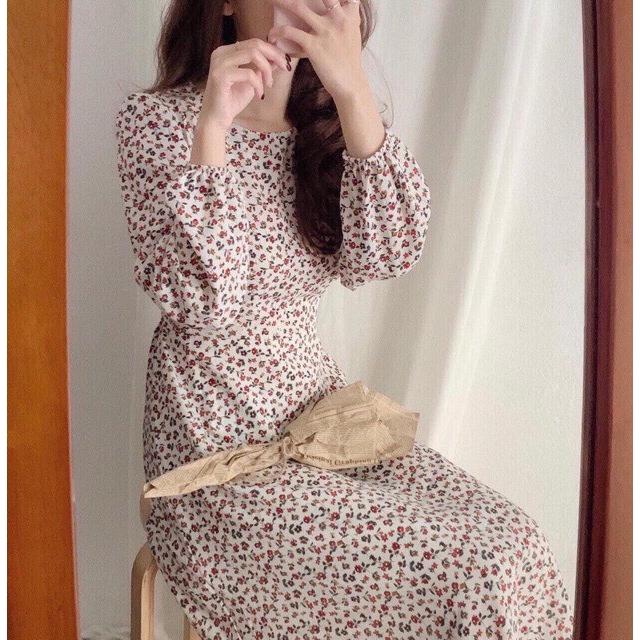 Váy hoa nhí dài tay cổ tròn vintage 2020 hàn Quốc
