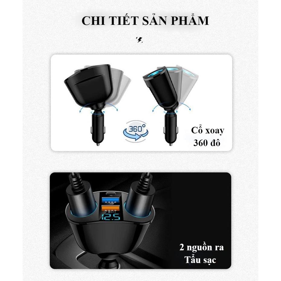 Bộ chia tẩu sạc nhanh ô tô 12/24V gồm cổng sạc nhanh usb trên oto gồm 2 nguồn tẩu, 2 cổng sạc 3.0 và Cổng Type C/PD
