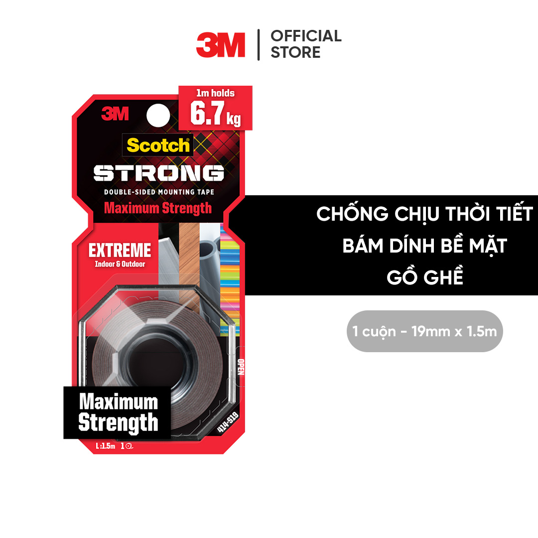 Băng keo hai mặt dùng trong nhà và ngoài trời Scotch 3M siêu dính 414 - Độ bền cao, dính tốt trên bề mặt được sơn.