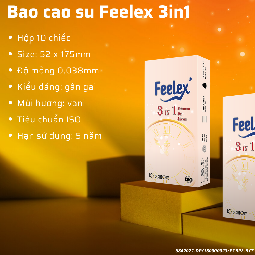 Bao cao su Feelex 3in1 gân gai, nhiều gel bôi trơn, kéo dài thời gian quan hệ