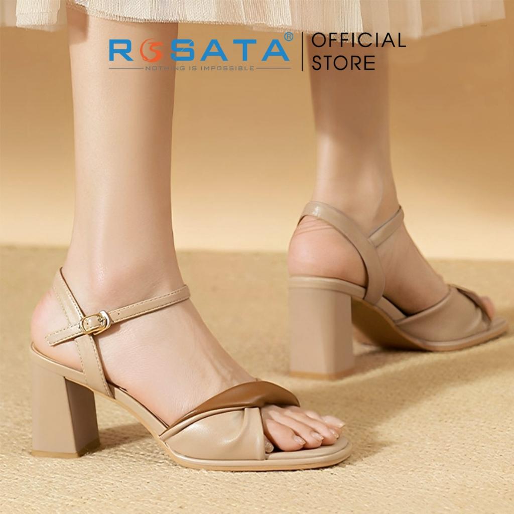 Dép sandal nữ ROSATA RO573 mũi tròn xỏ ngón phối kiểu quai hậu cài khóa dây mảnh gót vuông cao 6cm xuất xứ Việt Nam - Da