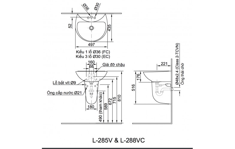 Chậu treo tường 3 lỗ Inax L-285VEC ( không bao gồm chân chậu )