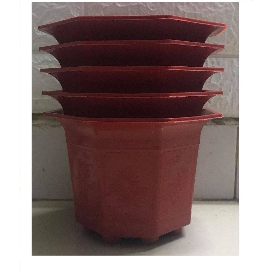5 Chậu Nhựa Trồng Cây Hoa, Cây Cảnh Bát Giác Màu Đỏ Kích Thước 170x120
