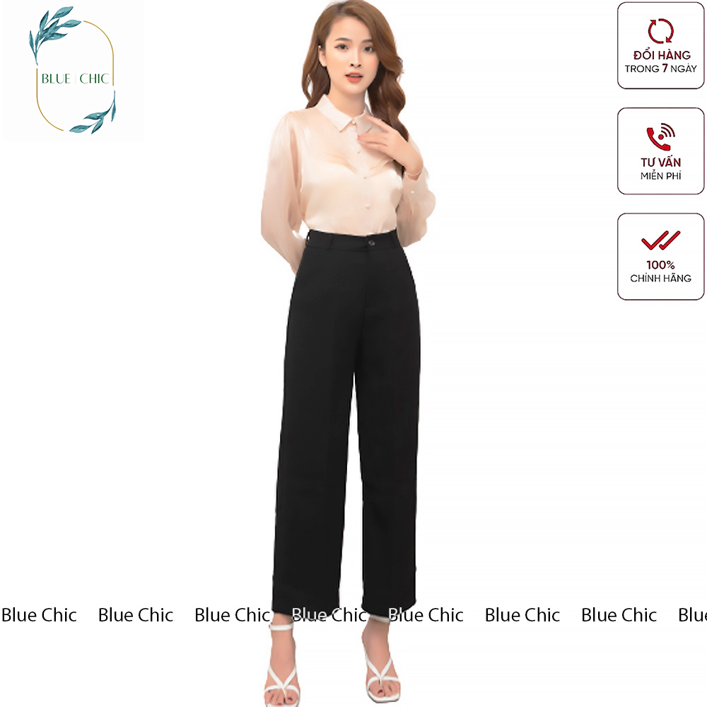 Quần ống rộng Blue Chic lưng cạp cao baggy vải nữ dài suông loe culottes xuông màu đen