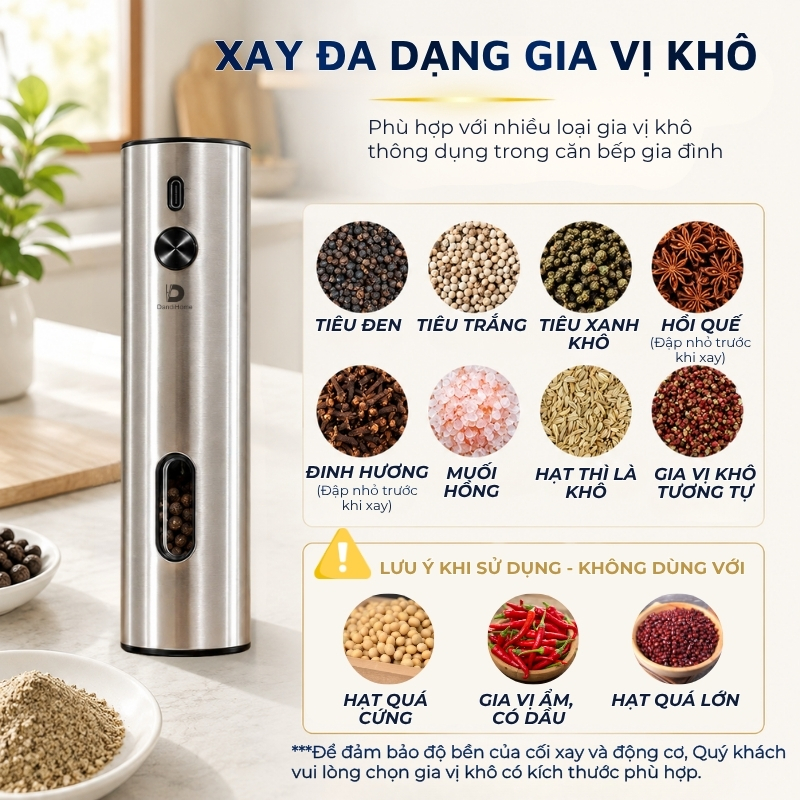 Máy xay gia vị điện DandiHome 110ml - Xay tiêu, muối, điều chỉnh độ mịn, sạc pin Type-C -  ‌Hàng chính hãng Dandihome