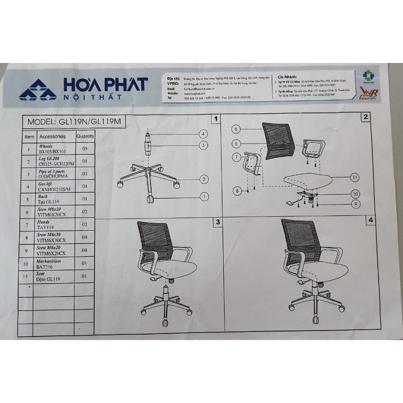 Ghế xoay nhân viên lưng lưới chân mạ Hòa Phát GL119M