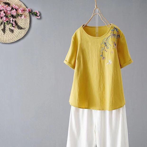 Hình ảnh Áo kiểu nữ ARCTIC HUNTER, Áo thêu nữ vải cotton, ngắn tay hoạ tiết hoa thêu phong cách Trung Hoa cổ điển AH18