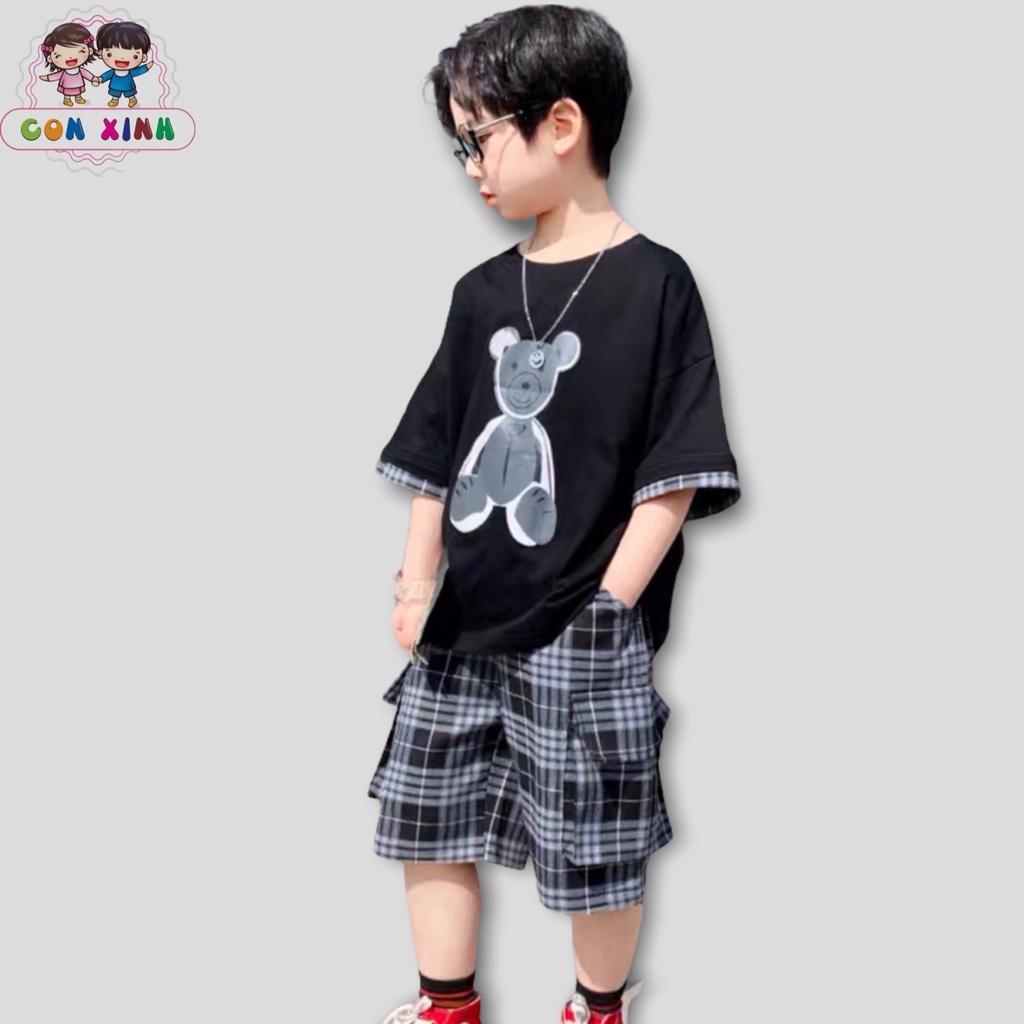 Bộ đồ bé trai CON XINH cotton phối quần caro Gấu nhồi bông,set quần đùi áo thun cho trẻ em từ 4 đến 10 tuổi