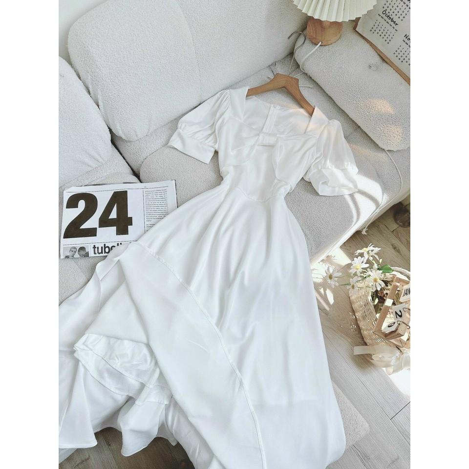 Đầm Dự Tiệc Trắng Chất Lụa Mango Mịn 2 Lớp Full Lót Thiết Kế Tay Ngắn Bồng Cổ Nơ Dáng Dài Maxi UC-1B15-4542