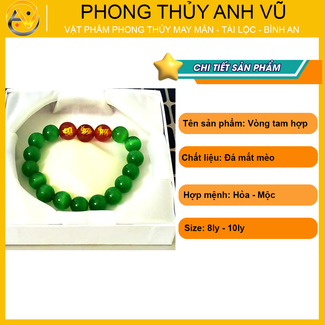 Vòng tay 12 con giáp tam hợp hợi mão mùi - chất liệu đá mắt mèo tự nhiên - size 8 10ly - may mắn tài lộc - Vòng Tam Hợp Anh Vũ