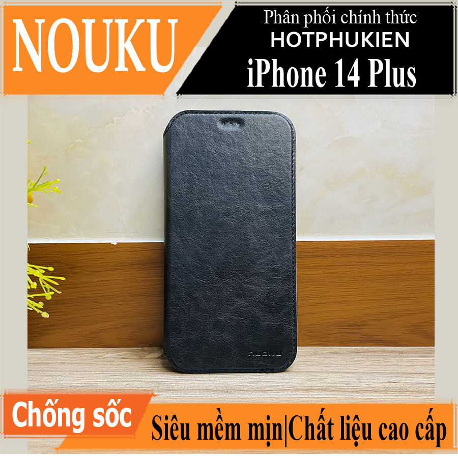 Case bao da chống sốc cho iPhone 14 Plus (6.7 inch) hiệu Nuoku Elegant and Royal chất liệu da PU cao cấp, có ngăn đựng thẻ, nắp gập kiêm giá đỡ điện thoại