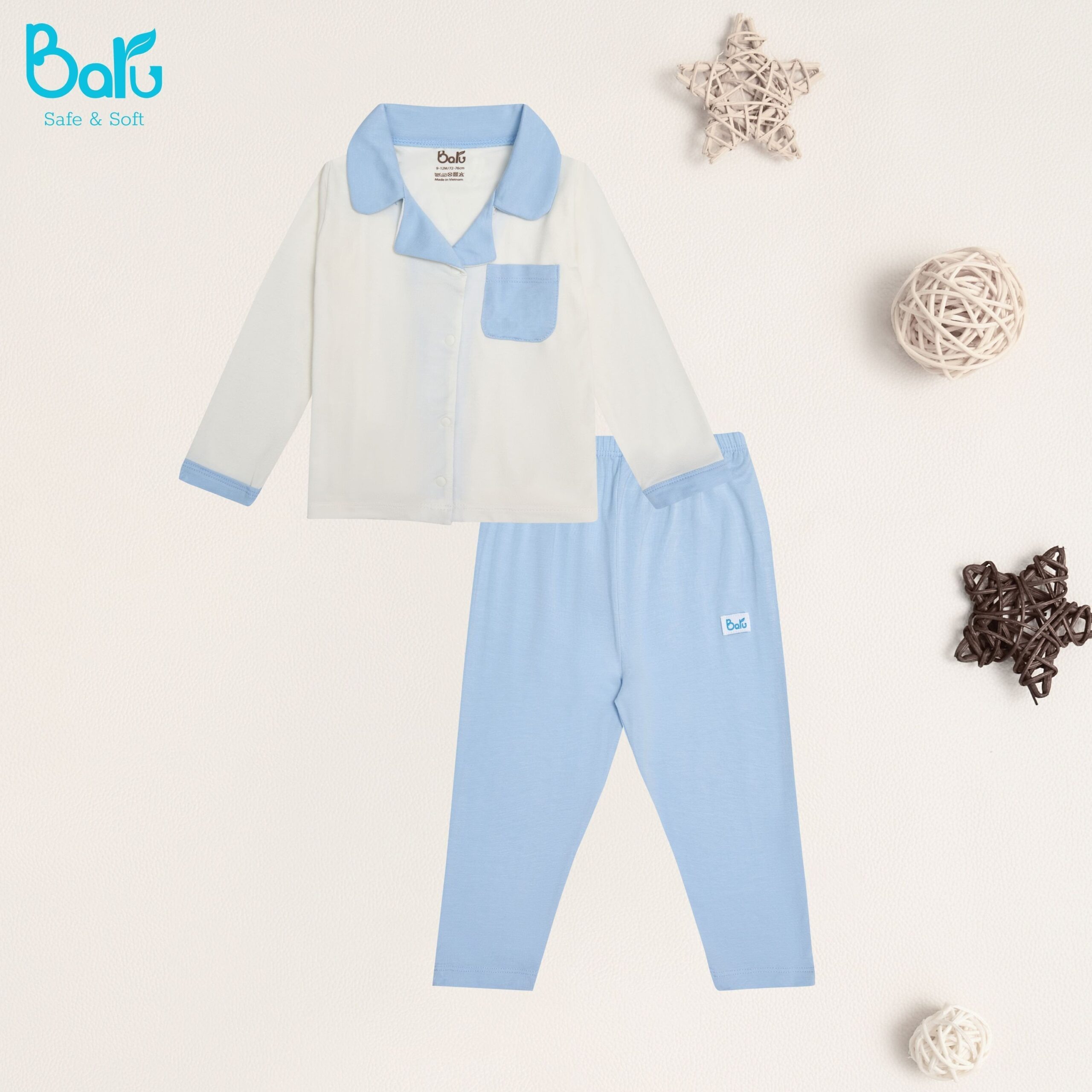 Bộ pizama tay dài  BARU cài giữa đủ màu vải 100% cotton thời trang trẻ em ( 6M -4Y )