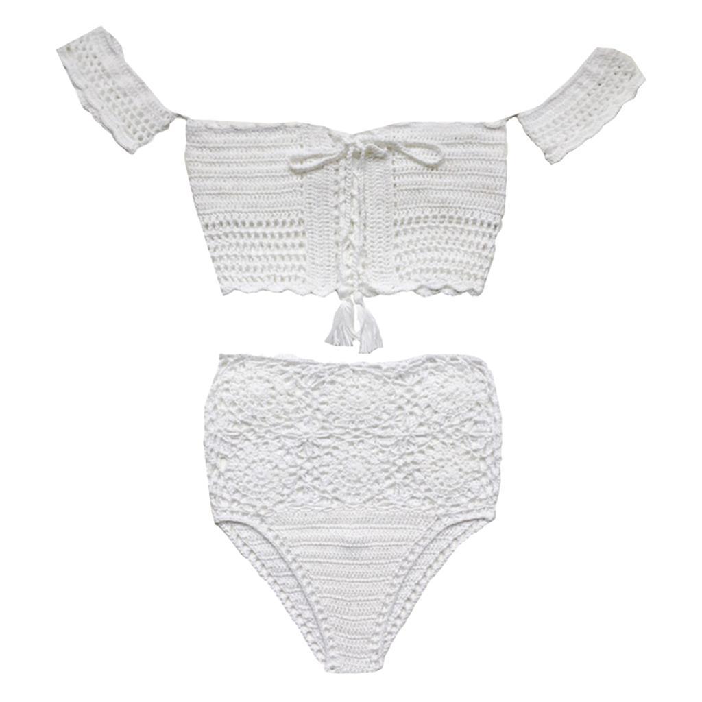 Women Lady Bohemian Two Piece Crochet High Waisted Swimwear Bikini Set White Lace Knit Swimsuit Bathing Suit