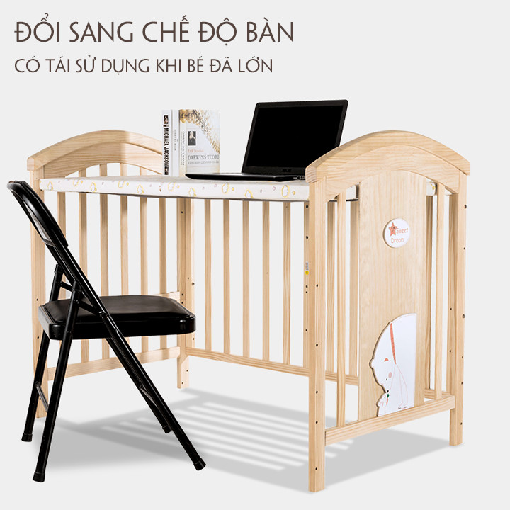 Giường cũi nôi cho bé kích thước 1m2 có thể kéo dài thành giường 1m6 