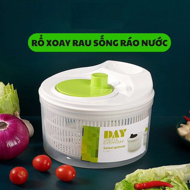 Bổ rổ quay rau sống, bộ rổ xoay rau ly tâm làm ráo nước nhanh, size 23cm