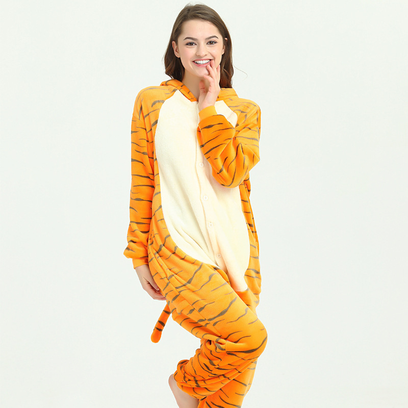 Bộ đồ ngủ hình thú hổ vằn 1909 liền thân lông mịn Pijama Động Vật Hoạt Hình cho trẻ em người lớn Cosplay