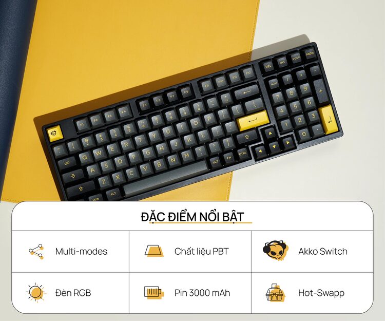 Bàn phím cơ AKKO 3098N Multi-modes Black Gold (Bluetooth 5.0 / Wireless 2.4Ghz / Hotswap / Foam tiêu âm / Foam đáy / TTC switch) - Hàng Chính Hãng