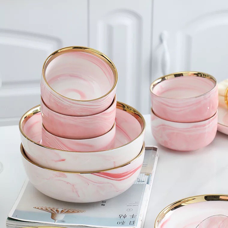 Bát cơm gốm sứ cao cấp họa tiết vân đá hồng viền vàng sang trọng PINK MARBLE 5547BS