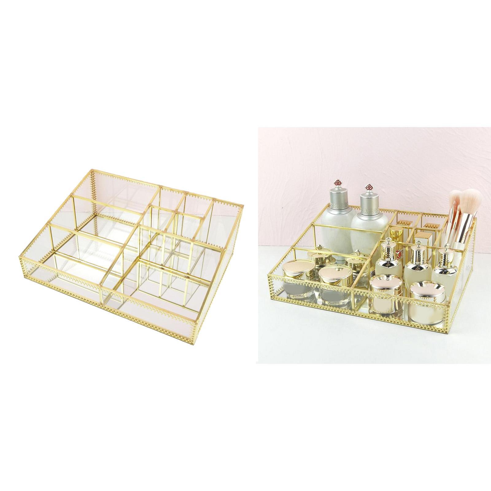 Cosmetic Storage Box Jewelry Display Organizer Decorative Case Metal Glass Tray
