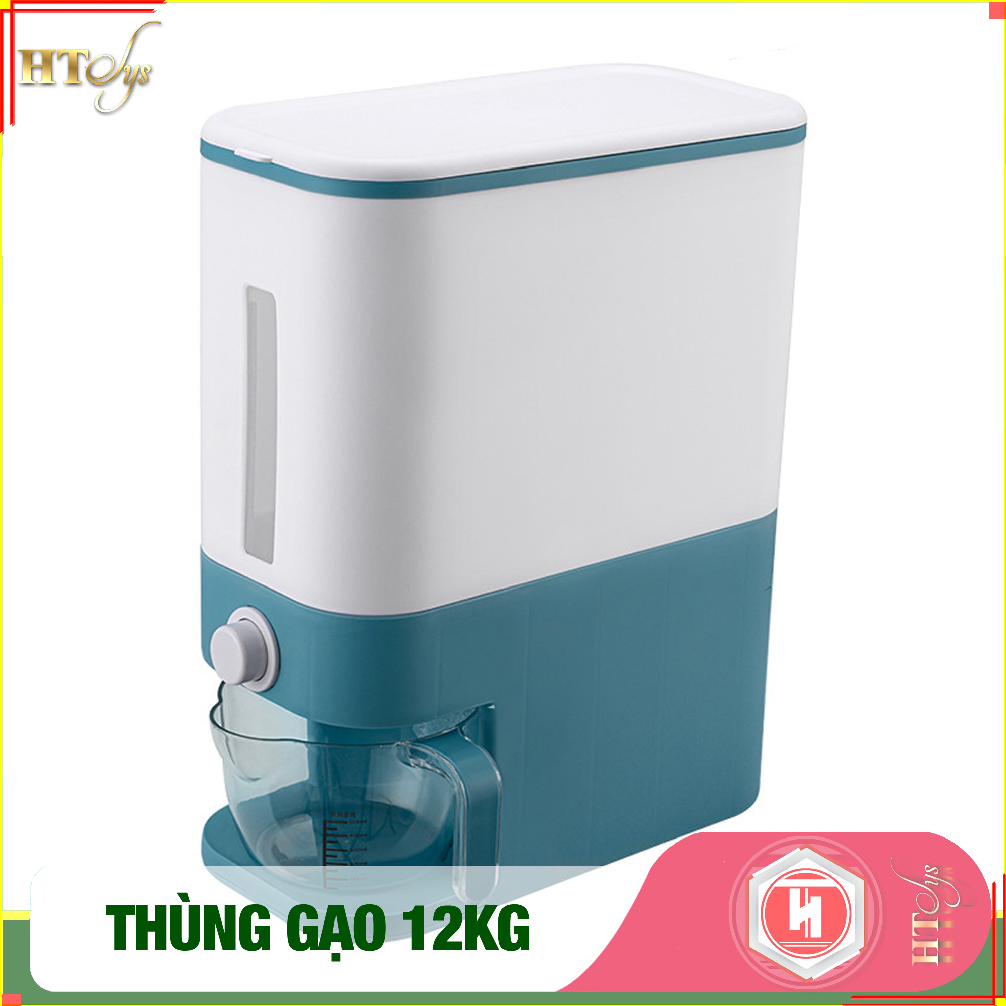 01 Thùng đựng gạo thông minh 12kg HT SYS, thiết kế dạng nhấn nút, chất liệu ABS cao cấp + 01 Vỉ móc Vàng Tài Lộc + 04 Khăn lau siêu thấm