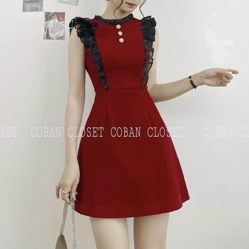 Đầm đỏ cánh tiên viền bèo đen cổ đính nút sang trọng siêu đẹp