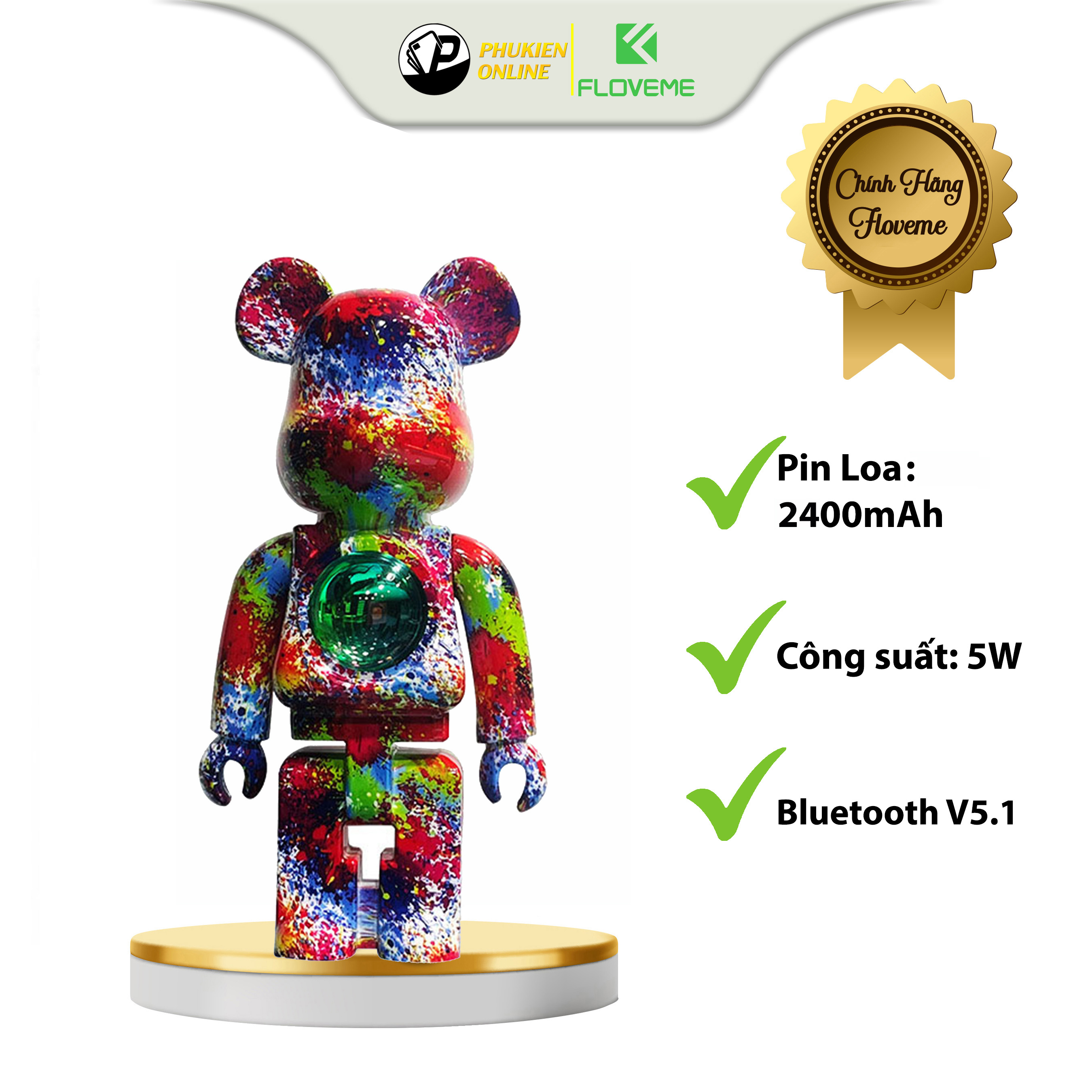 Loa Bluetooth Gấu Bearbrick Đèn Led Floveme Shen Lian, Nhỏ Gọn, Âm Thanh To Rõ Nét, Pin Dùng 3 - 5h , Decor Bàn Làm Việc - Hàng Chính Hãng