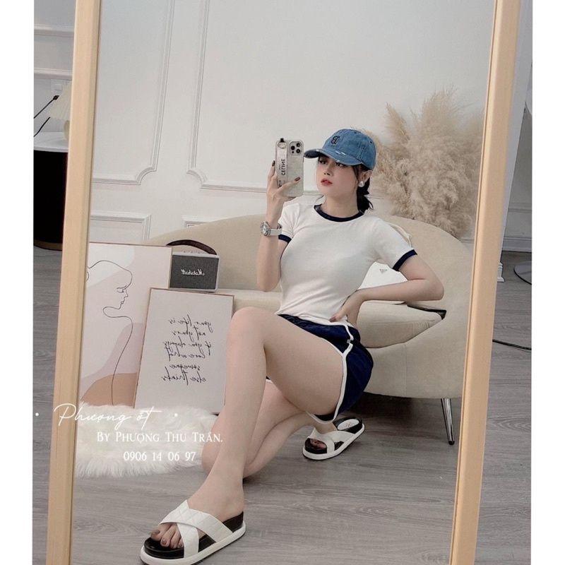 Áo thun gân tay ngắn phối bo cổ