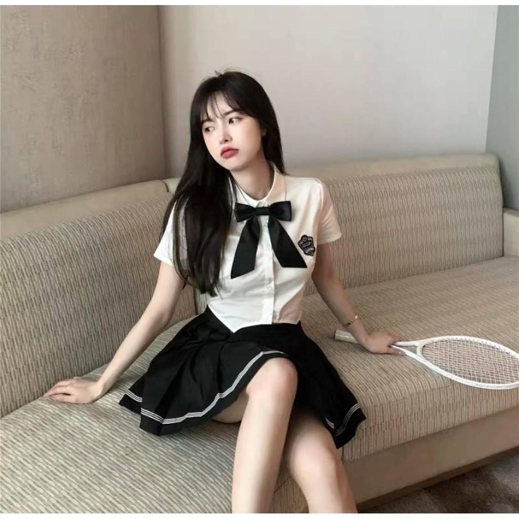 Set Áo Sơ Mi Kèm Nơ Xinh Xắn Và Chân Váy Xếp Ly Cho Nữ