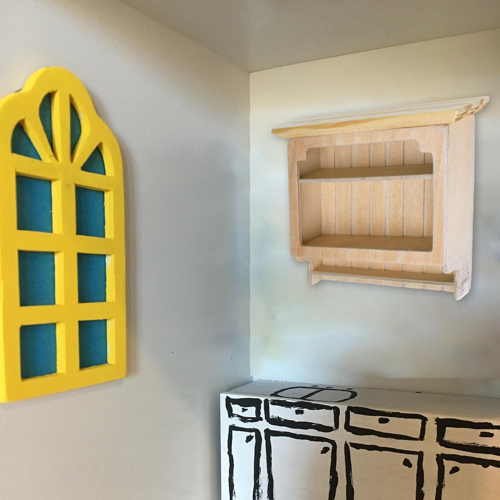 Wooden Bookshelf Dollhouse Living Room Mini 1:12 Wall Hanging Cabinet Decoration