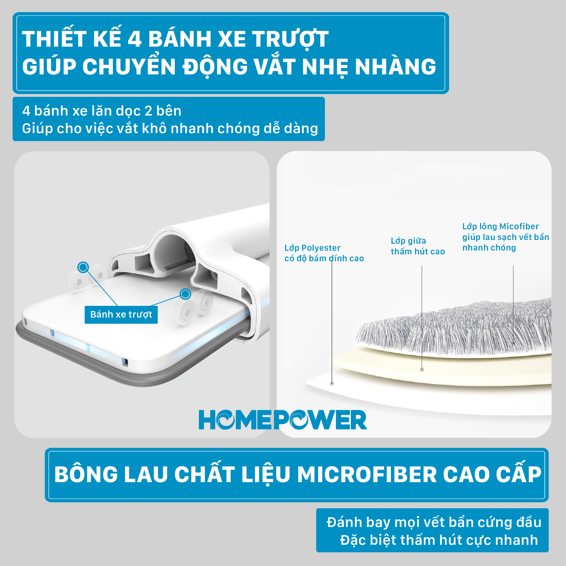 Cây lau nhà Phun nước + Tự vắt 2 trong 1 HOMEPOWER CS-02, Chất liệu nhôm cao cấp, thiết kế sang trọng hiện đại