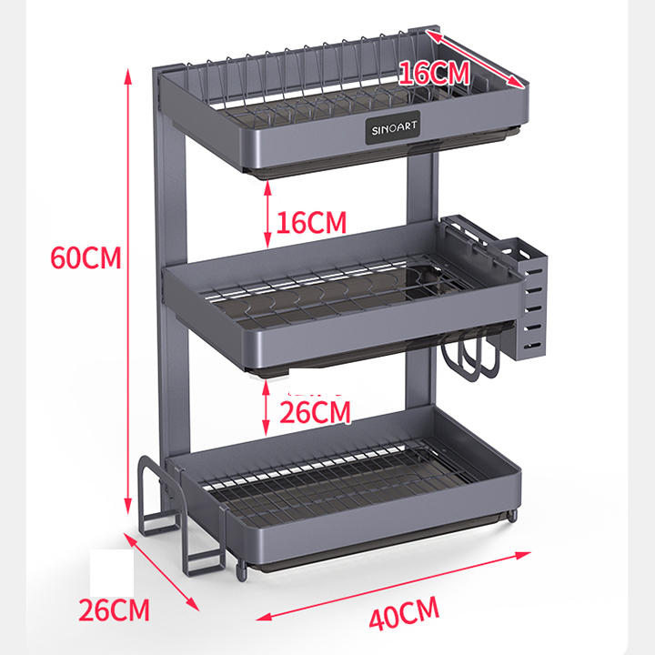 Giá kệ đựng bát đĩa 3 tầng inox có khay đựng nước