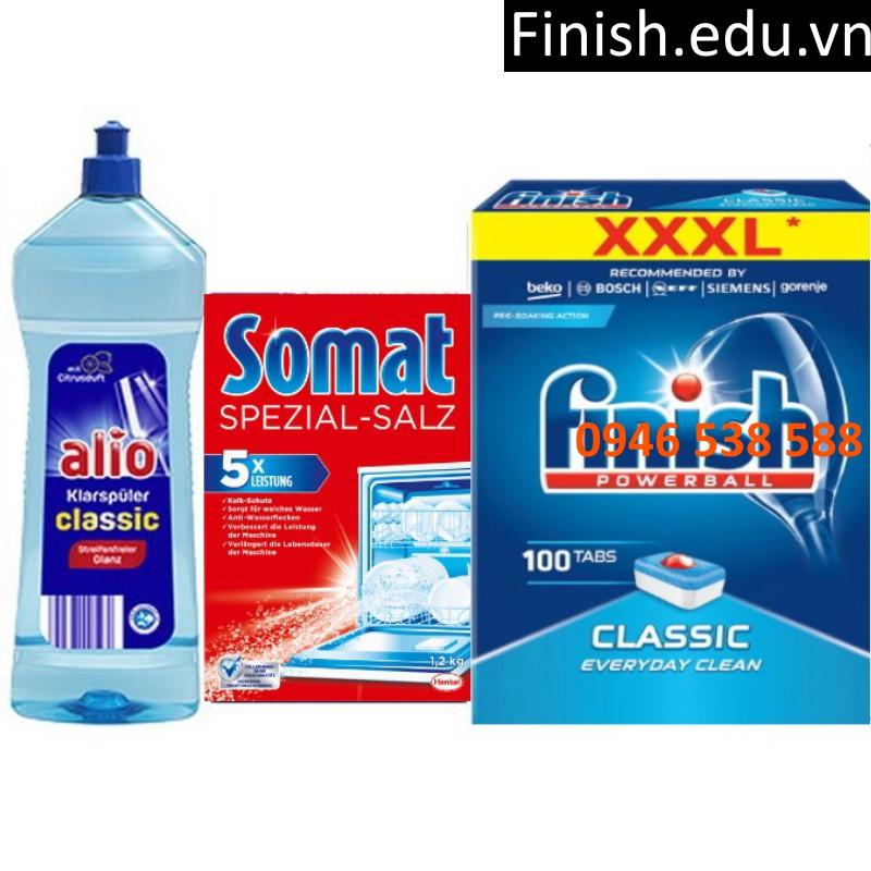 Combo viên rửa bát finish 100V + muối Somat 1.2kg + Nước làm bóng alio 1 lít dùng cho máy rửa bát