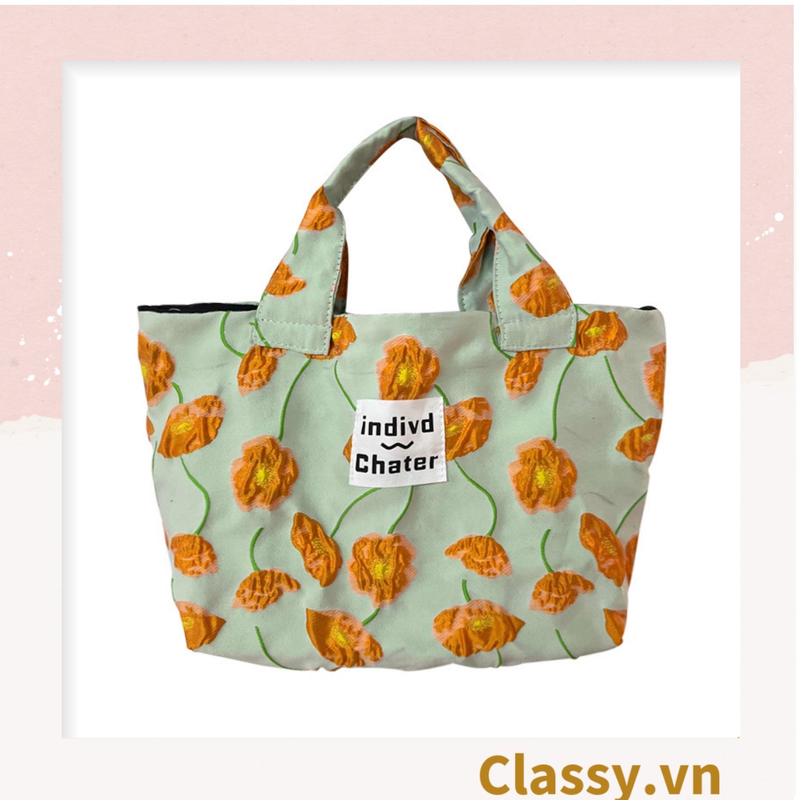 Túi vải hoa nhí  Classy xách tay 27x11x21CM, họa tiết in nổi, không ra màu T1224