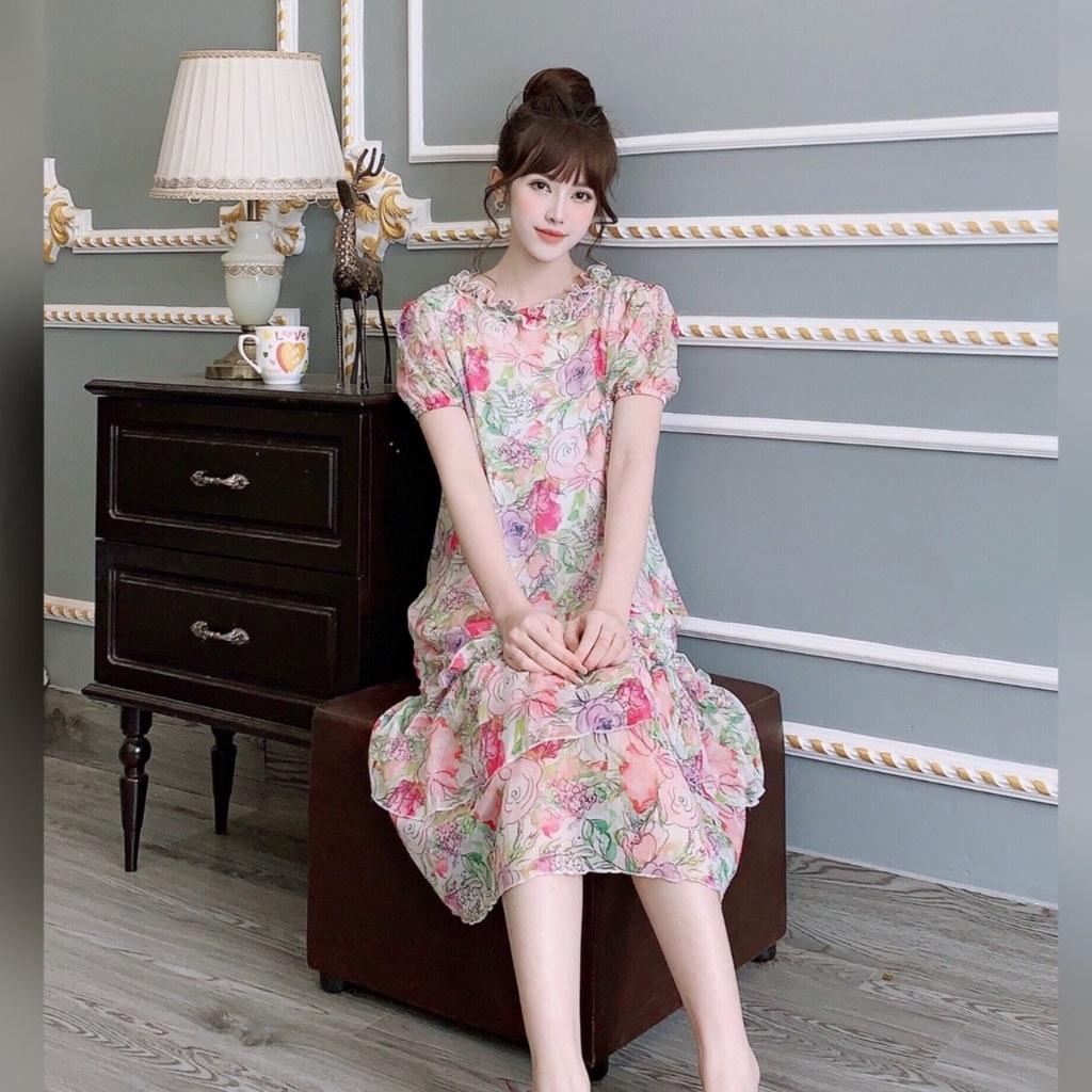 Váy bầu lụa tơ hai lớp cổ bèo mùa hè đầm bầu hoa thiết kế xinh xắn đi chơi dự tiệc dáng suông MSP455 Mom and Baby